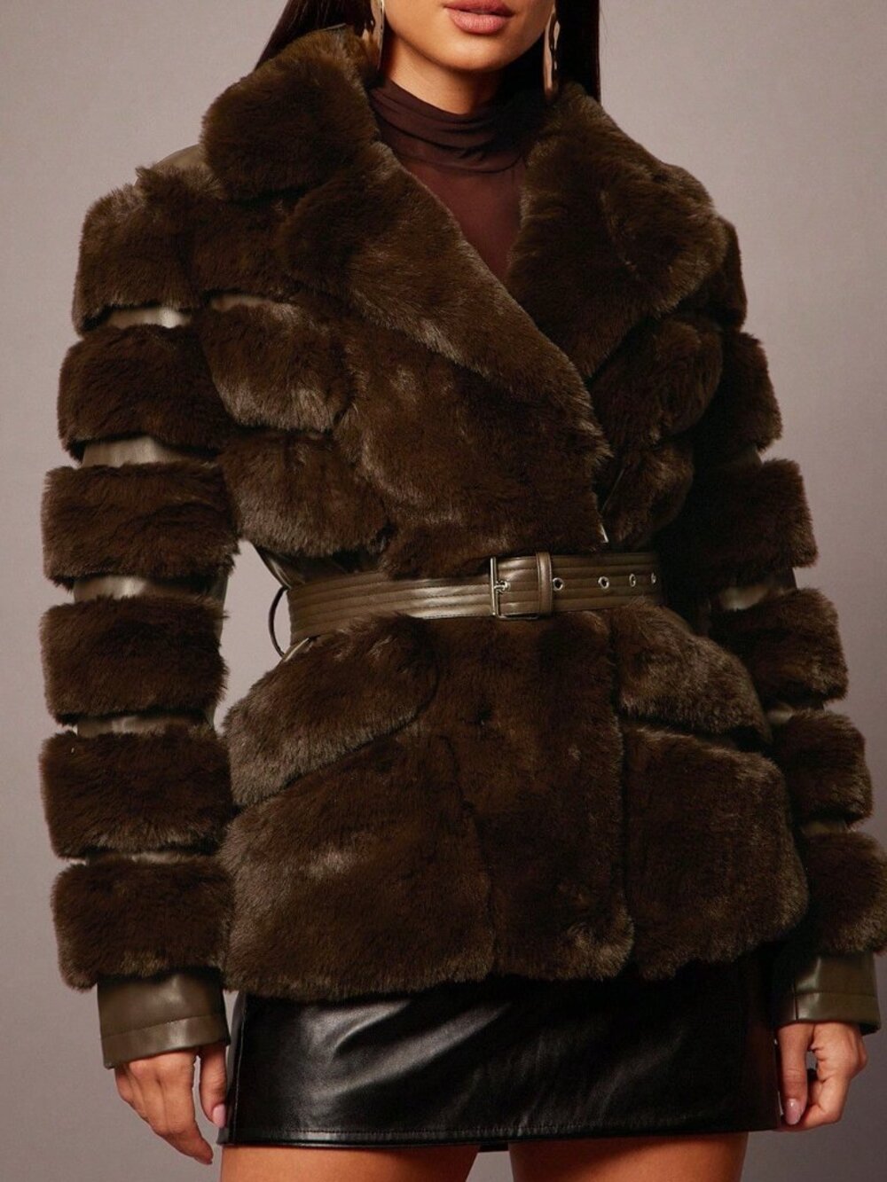 Brown Casual Women's Faux Fur Lined Jacket with Short Waist